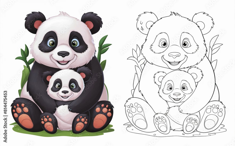ภาพประกอบสต็อก Kids coloring book page of baby panda and its mama panda ...