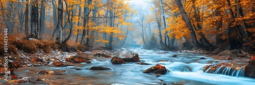 Landscape with a river flowing through a colorful forest in the autumn realistic nature and landscape © Be Naturally