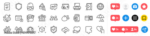 Payment methods, Disaster and Puzzle line icons pack. Social media icons. Volunteer, Face detect, 24h service web icon. Flight mode, Buying accessory, Fraud pictogram. Vector