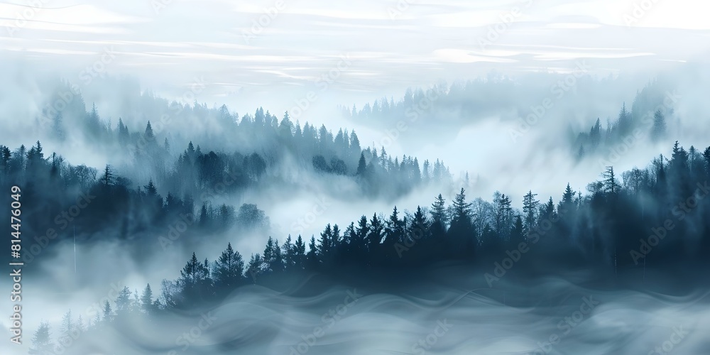 Mystical forest enveloped in dense fog tall trees shrouded in mystery. Concept Mystical Forest, Dense Fog, Tall Trees, Mysterious Atmosphere