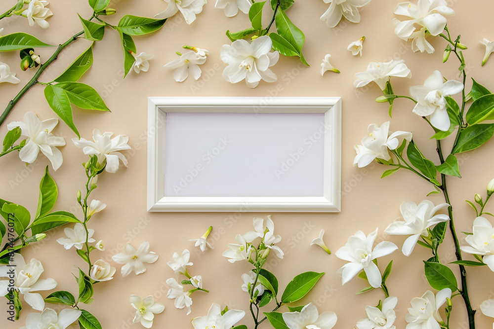 A pristine white empty picture frame centered amidst a delicate arrangement of fragrant jasmine flowers on a neutral background, evoking a sense of purity and simplicity A pristine white empty picture frame centered amidst a delicate arrangement of fragrant jasmine flowers on a neutral background, evoking a sense of purity and simplicity
