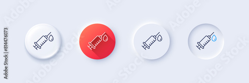 Medical syringe line icon. Neumorphic, Red gradient, 3d pin buttons. Medicine vaccine sign. Pharmacy medication symbol. Line icons. Neumorphic buttons with outline signs. Vector