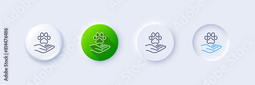 Pets care line icon. Neumorphic, Green gradient, 3d pin buttons. Veterinary clinic sign. Dog health symbol. Line icons. Neumorphic buttons with outline signs. Vector
