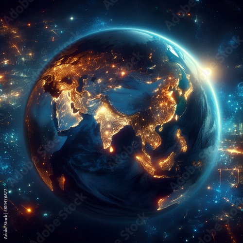 Night of Planet Earth globe from space view with city light of each countries on land and sunlight, Galaxy and space concept.