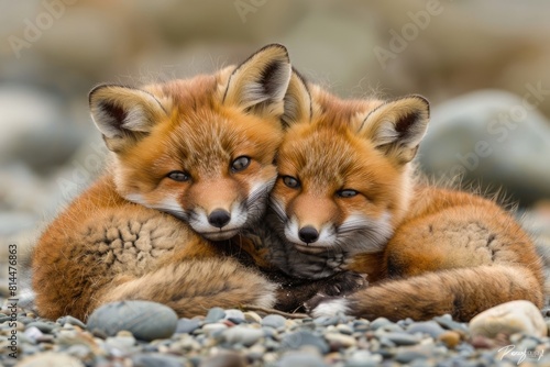 Wild baby red foxes cuddling at the beach © zeb