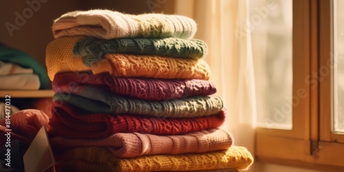 A stack of colored sweaters, sitting on a wooden surface in front of window 