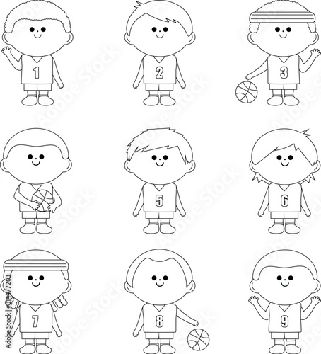 Children basketball players team. Diverse group of kids basketball athletes. Vector black and white coloring page.