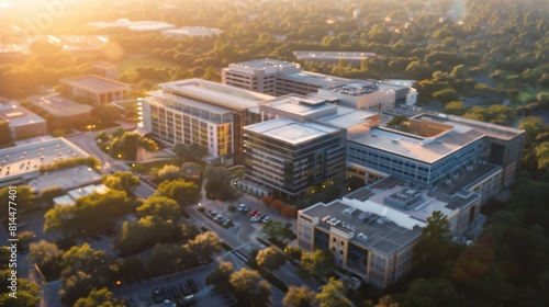 Aerial modern hospital complex at sunrise, healthcare campus with glass buildings, urban medical center in warm golden light