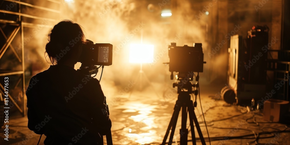 Fototapeta premium A woman is filming a scene in a studio with a camera and a tripod