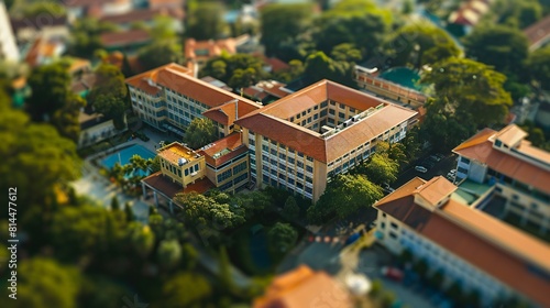 aerial view highlighting the hospital's colorful attributes, blending seamlessly with the natural surroundings and sunny weather.