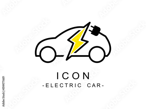 Flat vector Icon illustration style of electric car charging at the green power charger station. Electromobility e-motion concept.