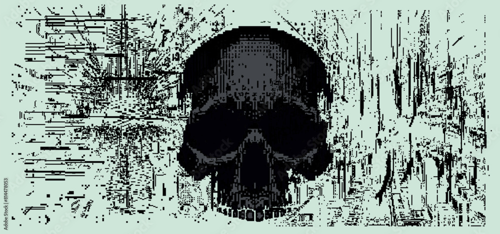 Naklejka premium A black-white pixel vector illustration of a human skull representing a malware.