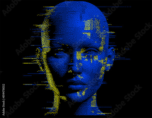 Glitchy pixelated blue 3D human face silhouette on dark background. Conceptual vector illustration of personality and facial recognition systems.