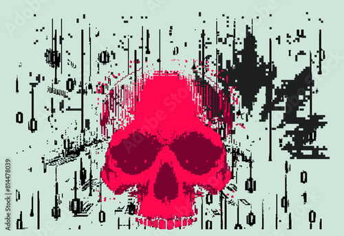 Red skull on a glitchy pixelated background. The concept of cybersecurity and malware.