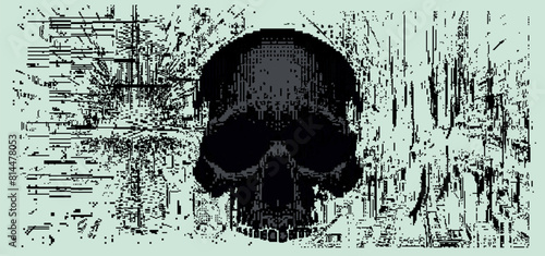A black-white pixel vector illustration of a human skull representing a malware.