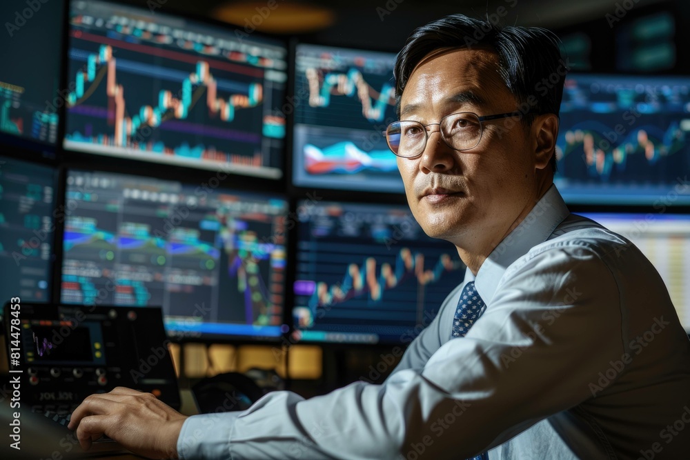 An East Asian Businessman Monitoring Multiple Computer Screens of Colorful Financial Charts and Graphs An East Asian Businessman Monitoring Multiple Computer Screens of Colorful Financial Charts and Graphs