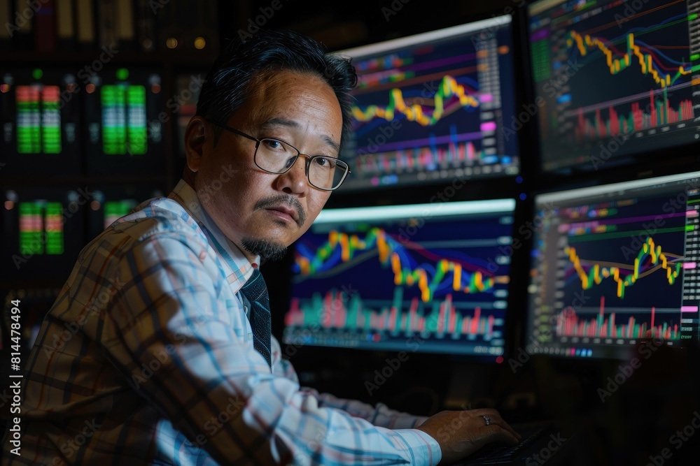 A South Asian Businessman Watching Computer Screens of Colorful Financial Charts and Graphs A South Asian Businessman Watching Computer Screens of Colorful Financial Charts and Graphs