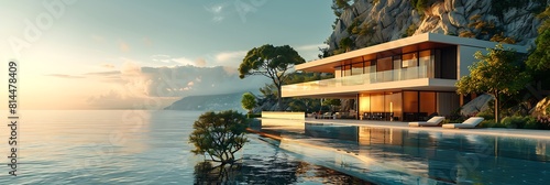 Landscape with modern luxury villa, mediterranean beach house realistic nature and landscape © Be Naturally