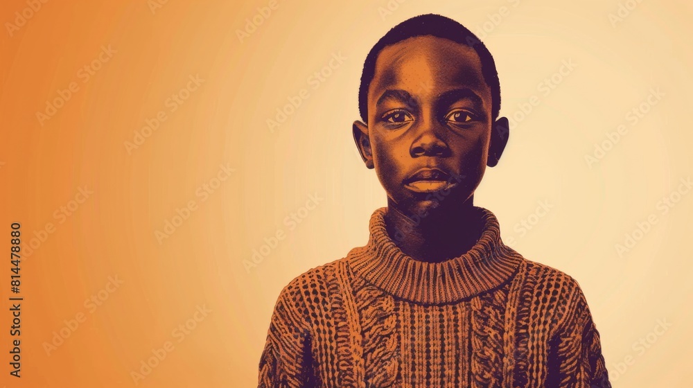 A black African boy in a brown sweater stands before an orange backdrop A black African boy in a brown sweater stands before an orange backdrop