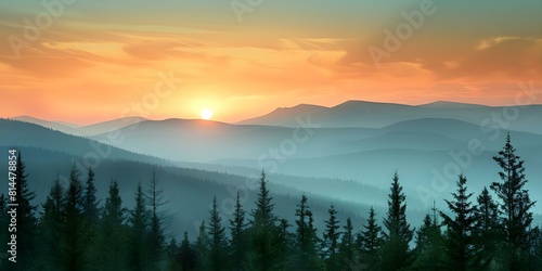 Serene Mountain Sunset: Dark Colors, Rich Textures, and Pine Trees. Concept Mountain Sunset, Dark Colors, Rich Textures, Pine Trees