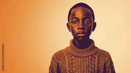 A black African boy in a brown sweater stands before an orange backdrop