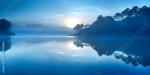 Tranquil Scene  A Lake at Dawn with Mist Reflecting Soft Hues of Rising Sun. Concept Nature Photography  Serene Landscapes  Sunrise Moments  Water Reflections  Misty Mornings