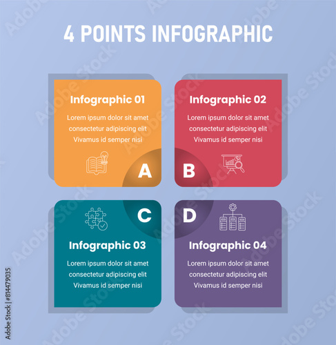 4 point stage or step infographic template with creative square box on center with shadow accessories for slide presentation