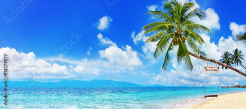 Fototapeta Naklejka Na Ścianę i Meble -  Here is Koh Samui sign and swing on palm tree, paradise tropical island sea sand beach panorama, Koh Phangan view landscape, Surat Thani, Thailand, summer holidays, vacation, Southeast Asia travel