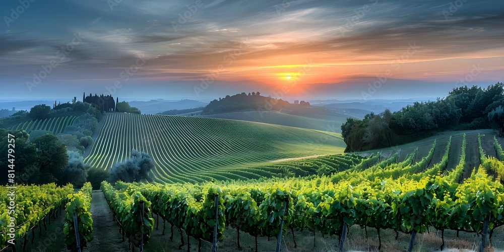 Sunset scenery over vineyard with trees and rolling hills in the foreground. Concept Nature, Sunset, Vineyard, Scenery, Landscape