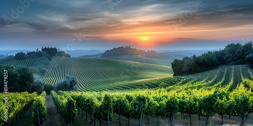 Sunset scenery over vineyard with trees and rolling hills in the foreground. Concept Nature  Sunset  Vineyard  Scenery  Landscape