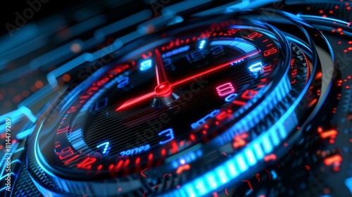 Wallpaper Mural Successfully zooming in on the speedometer, with a red arrow pointing to three numbers indicating speed. The concept focuses on speed and performance against a dark background. Torontodigital.ca