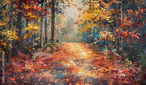 Enchanting autumn forest pathway in a vibrant oil painting