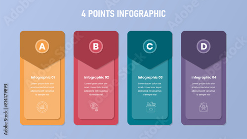 4 point stage or step infographic template with horizontal direction and vertical standing box and arrow badge for slide presentation