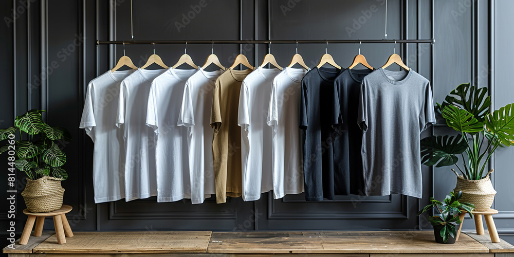 A wide range of stylish T-shirts are presented on the rack of a fashion store. A wide range of stylish T-shirts are presented on the rack of a fashion store.