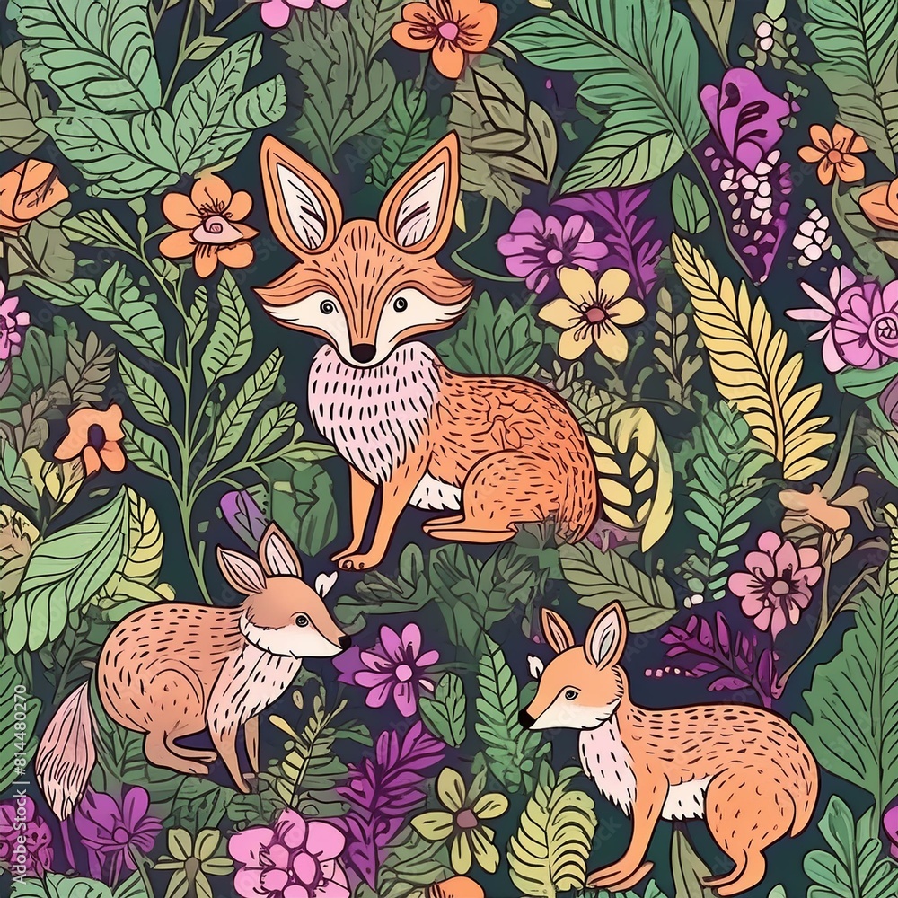 Fototapeta premium a pattern that combines whimsical forest animals like foxes, rabbits, and deer