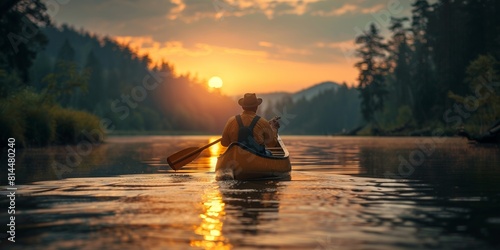 At sunset  the kayaker glides across the calm lake  immersing himself in the beauty of nature at sunset.