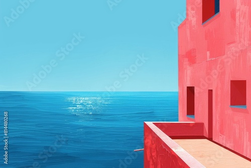 building in pink color next to the ocean against a blue sky 