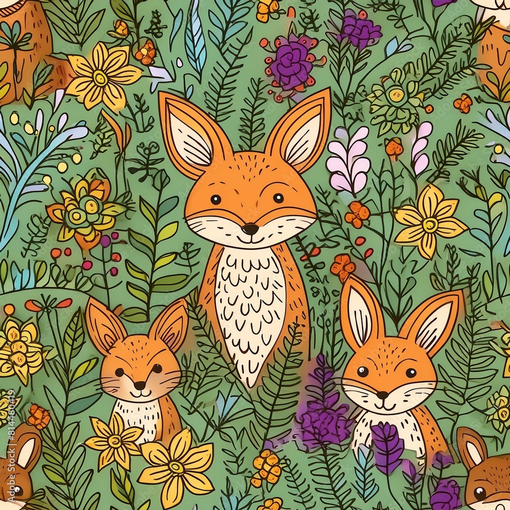 Fototapeta premium a pattern that combines whimsical forest animals like foxes, rabbits, and deer