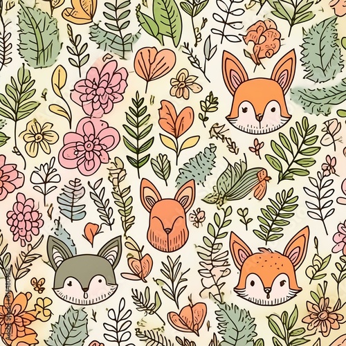 a pattern that combines whimsical forest animals like foxes, rabbits, and deer