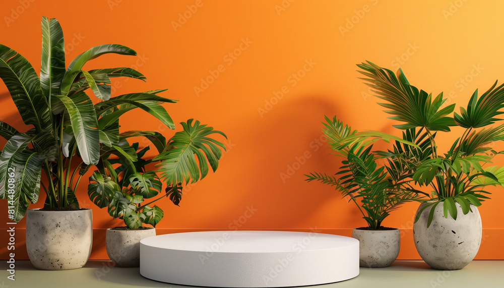 White cylindric podium, orange background with plants, product placement mockup White cylindric podium, orange background with plants, product placement mockup