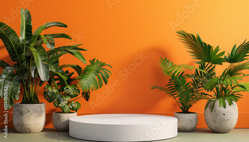 White cylindric podium  orange background with plants  product placement mockup