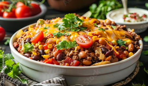 Hearty chili con carne with melted cheese and fresh herbs