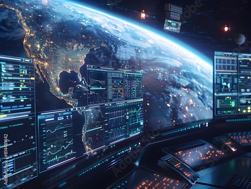 Futuristic Surveillance Command Center Monitoring Global Activities from Space