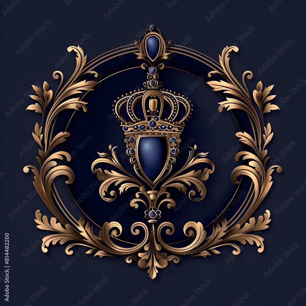 Elegant and Regal Sapphire and Gold Heraldic Crest with Luxurious Ornamental Flourishes
