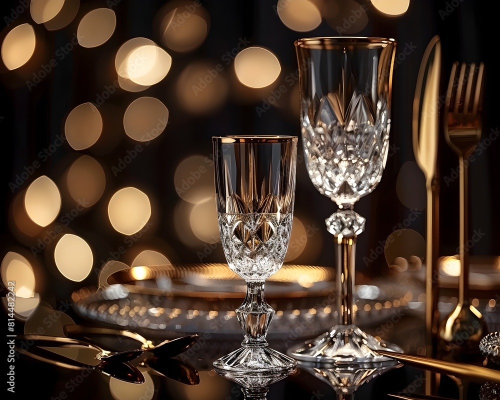 Opulent Banquet Setting with Detailed Gold Cutlery and Crystal Glassware Luxurious Background Concept with Copy Space Opulent Banquet Setting with Detailed Gold Cutlery and Crystal Glassware Luxurious Background Concept with Copy Space