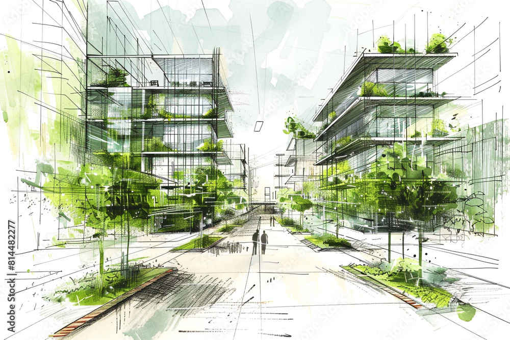 Clean Building Drawing A sketch of an isolated green buildings promoting walkability and clean ...
