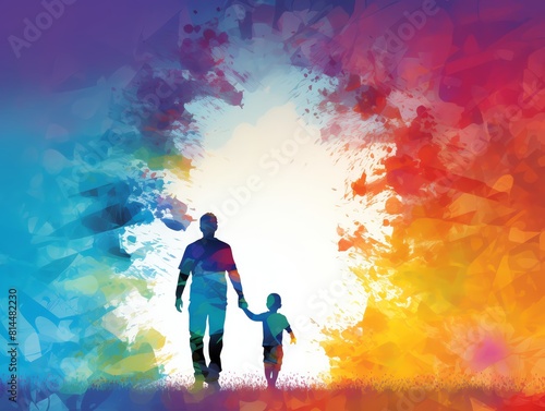 A parent attending a school event with their child, focus on proud moments and supportive environment, vibrant and cheerful hues Double exposure silhouette with a pride parade