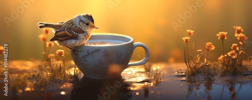An early bird with Delicate Feathers Perched on Cup Surrounded by Golden Light