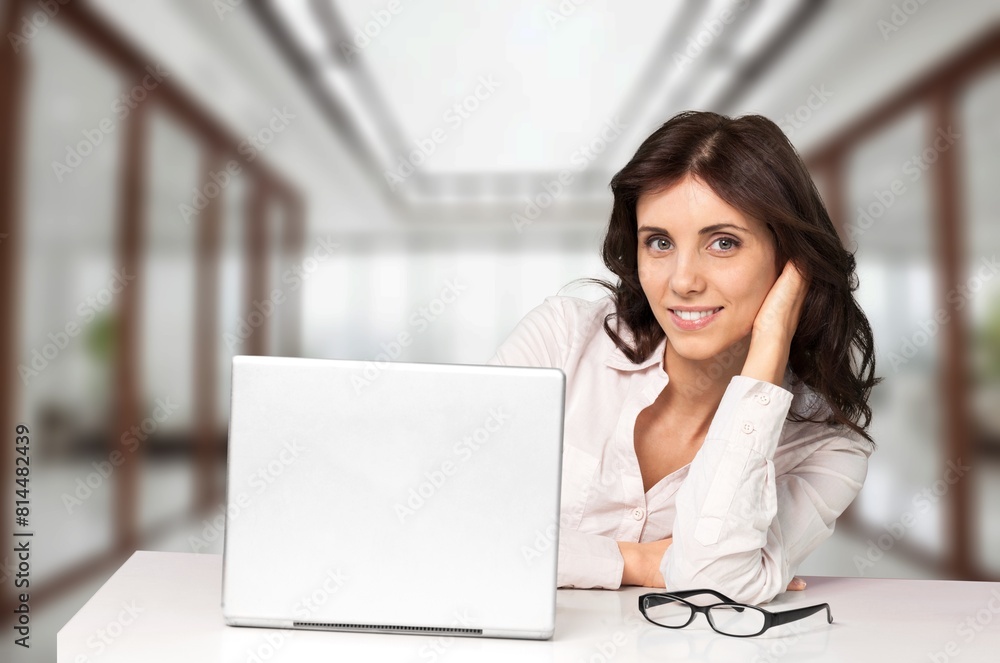Happy smiling business woman making business in office. Happy smiling business woman making business in office.