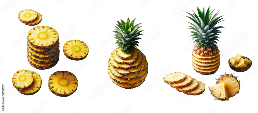 Set of pineapples, pineapples cut into circles or cubes, pieces of pineapple isolated on PNG background. Generative AI. Set of pineapples, pineapples cut into circles or cubes, pieces of pineapple isolated on PNG background. Generative AI.